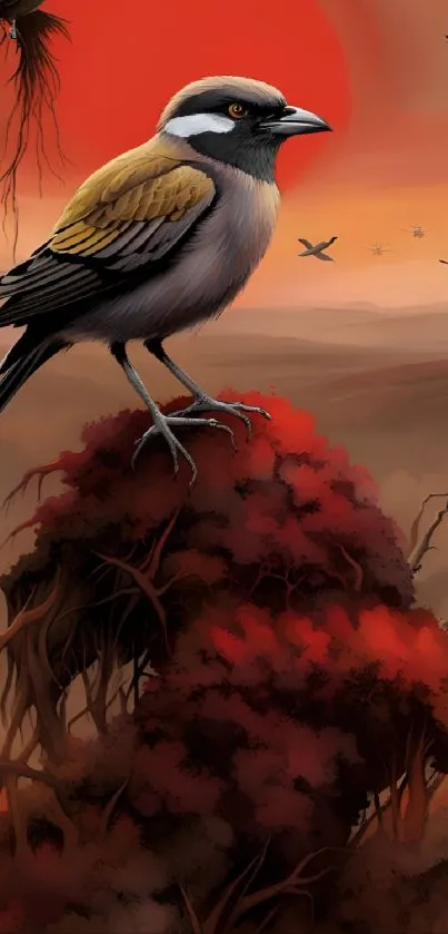 Bird perched on a cliff with a vivid sunset background.