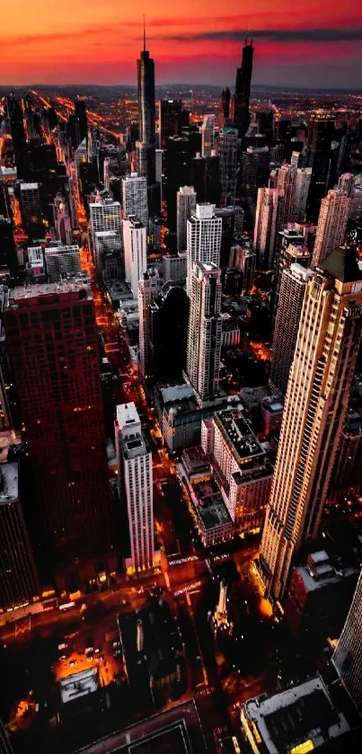 A breathtaking cityscape at sunset with illuminated skyscrapers.