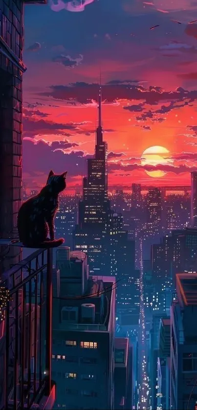 A black cat on a balcony overlooking a vibrant city sunset.