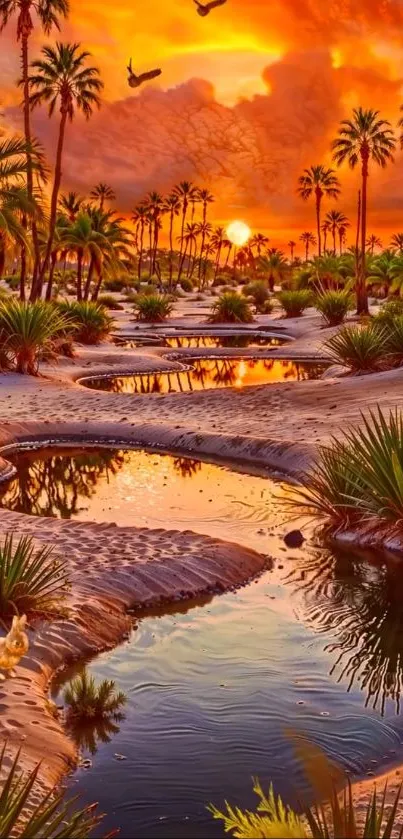 Colorful desert oasis at sunset with palm trees and water reflections.