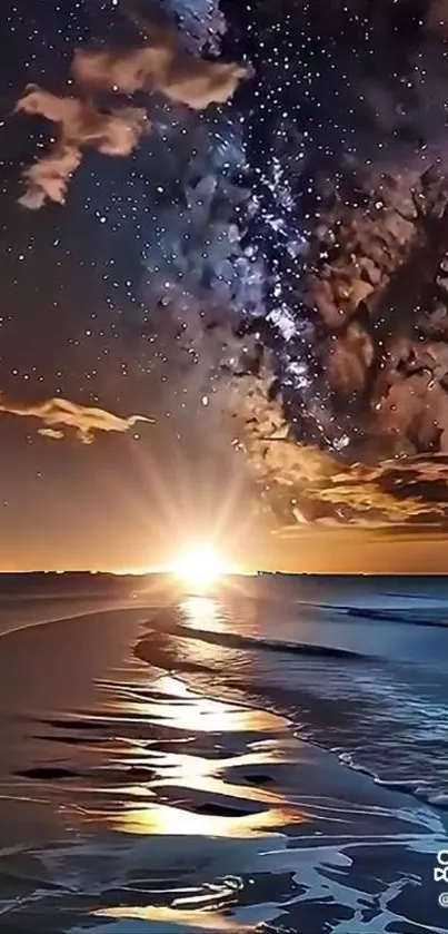 Breathtaking sunset over ocean with starry night sky and galactic clouds.