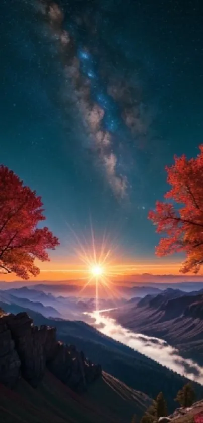 Starry galaxy sunset with orange-hued trees overlooking scenic mountain view.