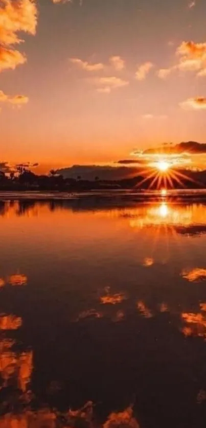 A breathtaking orange sunset reflecting over a calm lake with vibrant clouds.