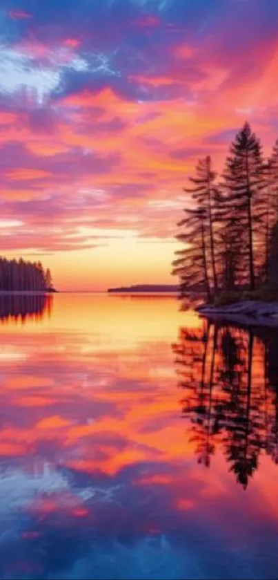 Vibrant sunset reflecting on a tranquil lake with silhouetted trees.