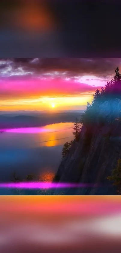 Vibrant sunset over a serene lake with colorful light reflections.