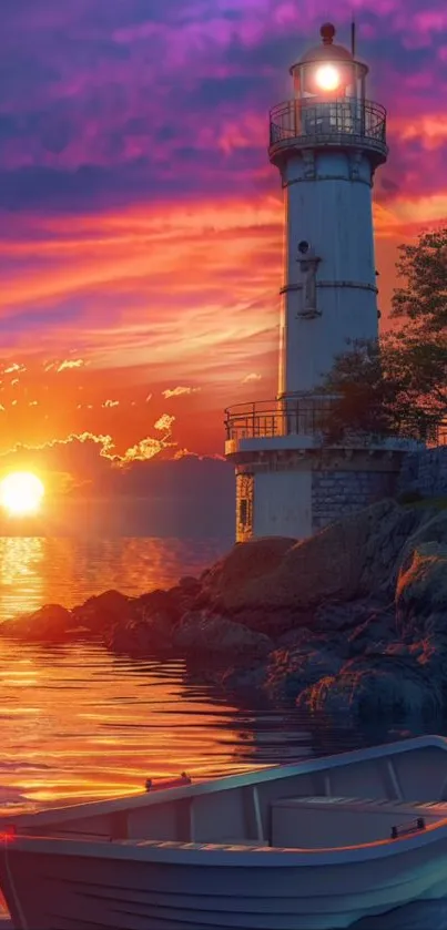 A serene lighthouse at sunset over calm waters with a boat.