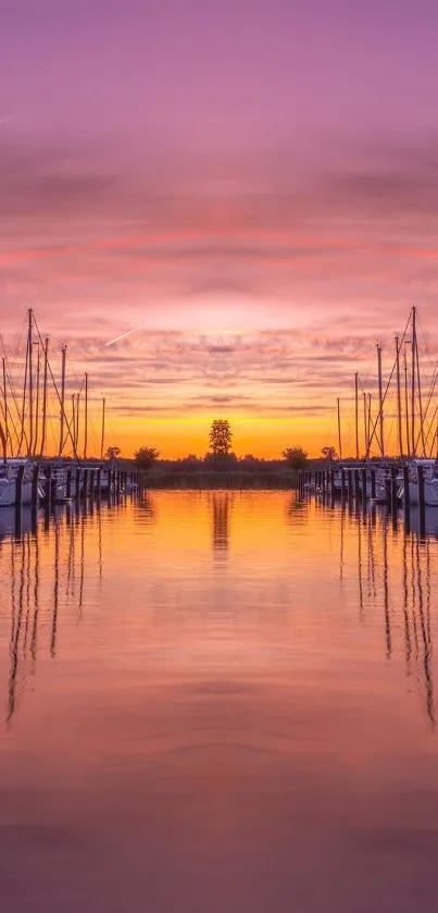 Vibrant sunset over marina with reflections.