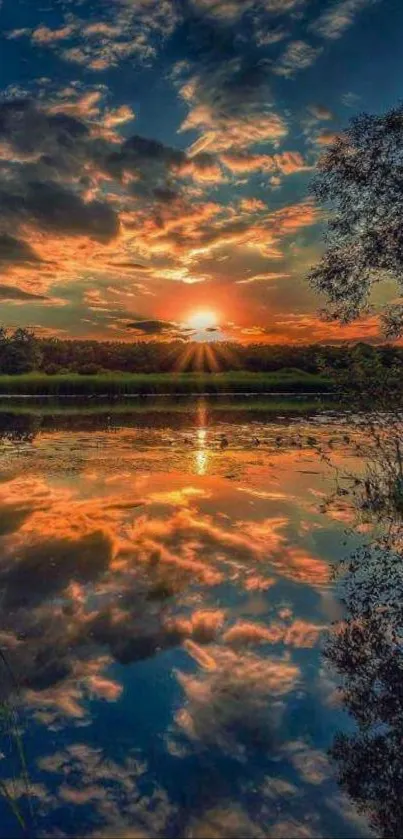 Beautiful sunset reflecting on a tranquil lake.