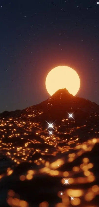 Glowing orange sunset over mountain with shining stars in night sky.