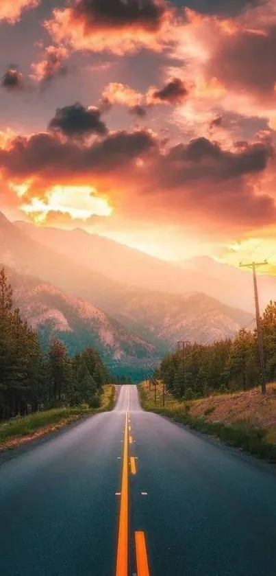 Scenic road with sunset and mountain backdrop in vibrant colors.