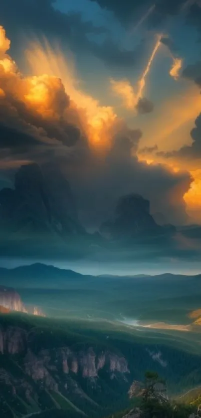 Dramatic sunset over mountainous landscape, vivid orange and blue hues.