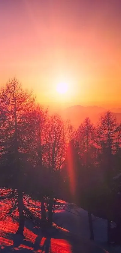 Crimson sunset over snowy mountains with trees silhouetted in the foreground.