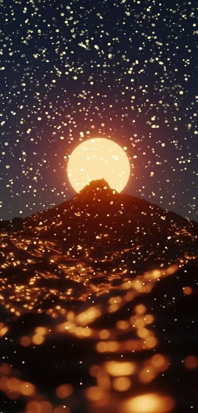 Golden sunset over mountain with starry night sky.