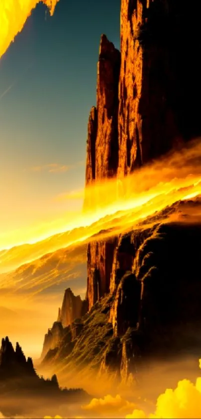 Vibrant sunset mountain landscape with dramatic skies and warm colors.