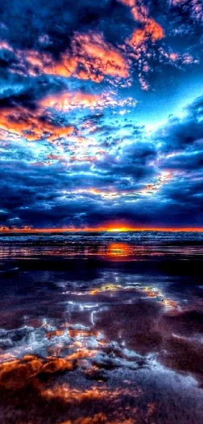 Dramatic sunset sky over the ocean with stunning reflections.