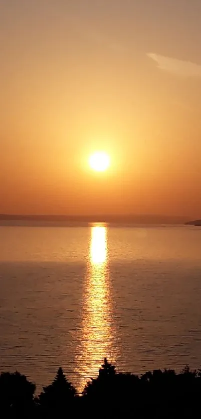 Sunset over ocean with orange sky and serene waters.