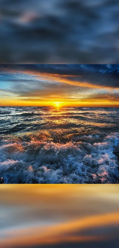 Breathtaking sunset over ocean waves with vibrant colors for mobile wallpaper.