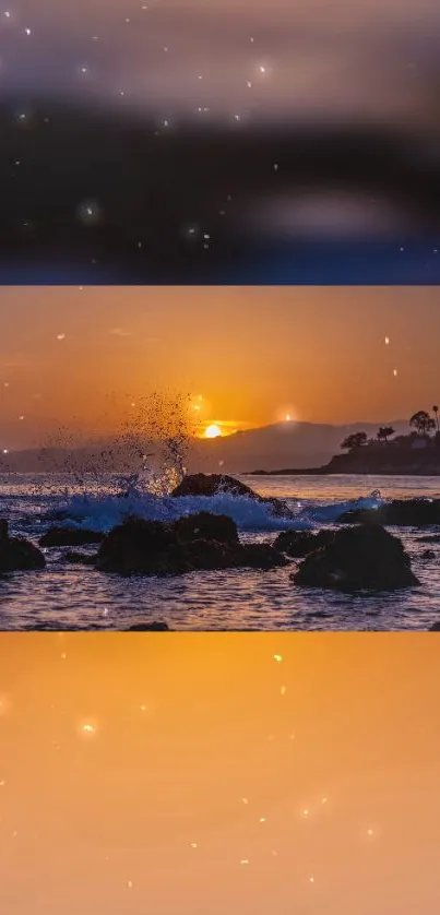 Vibrant sunset ocean with waves on rocky beach.