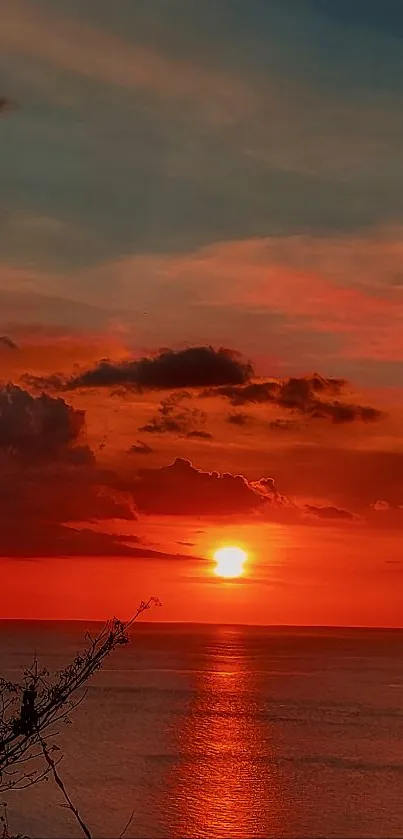 Fiery sunset over tranquil ocean with vibrant red hues.
