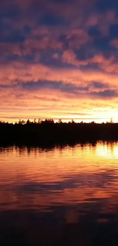 Vibrant sunset reflecting on a tranquil lake under a beautifully colored sky.