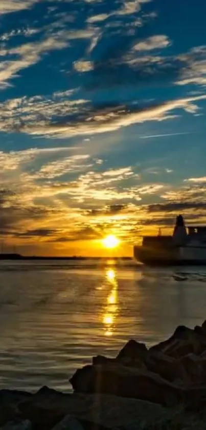 Vibrant sunset over a serene harbor with dramatic skies and calm waters.