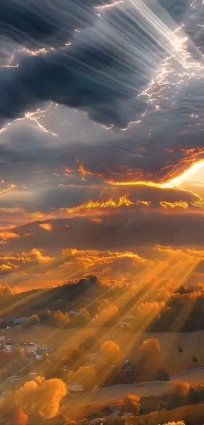 Dramatic sunset over rolling hills with vibrant rays.