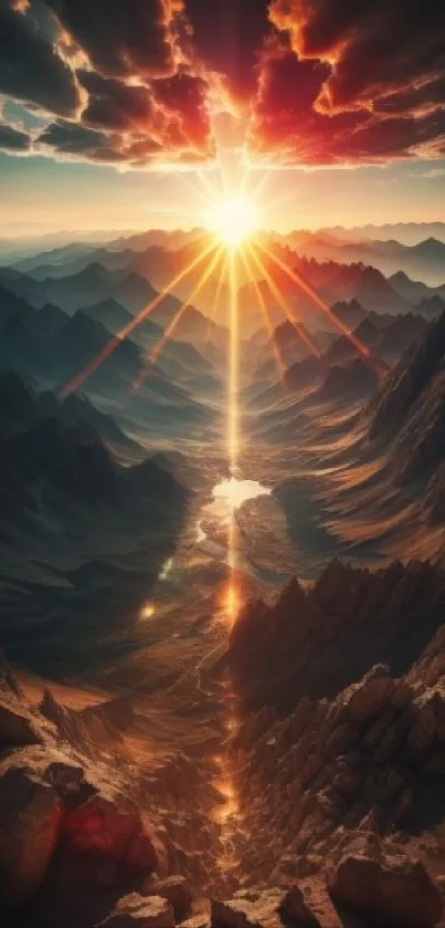 Sunset over mountains with radiant light.