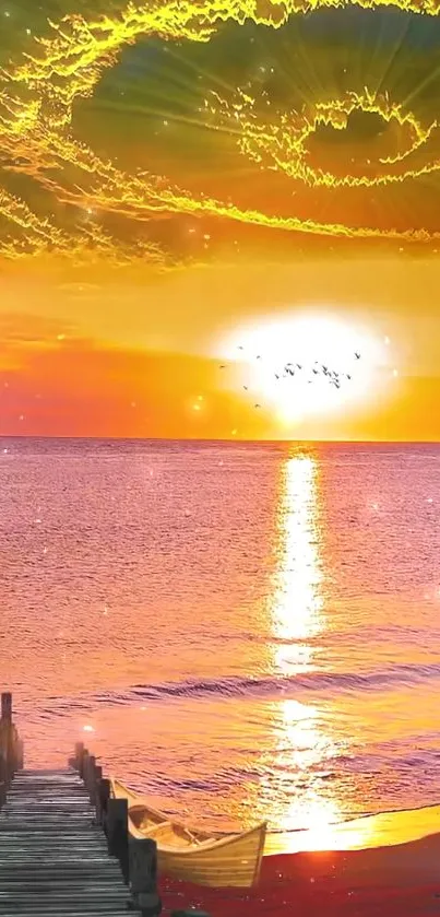 Serene sunset over the ocean with vibrant orange sky and calm waves.