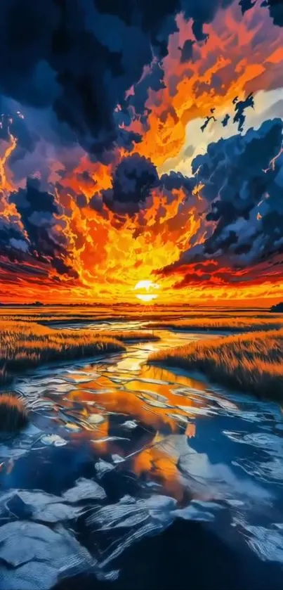 Vibrant sunset over a calm river landscape with colorful sky reflection.