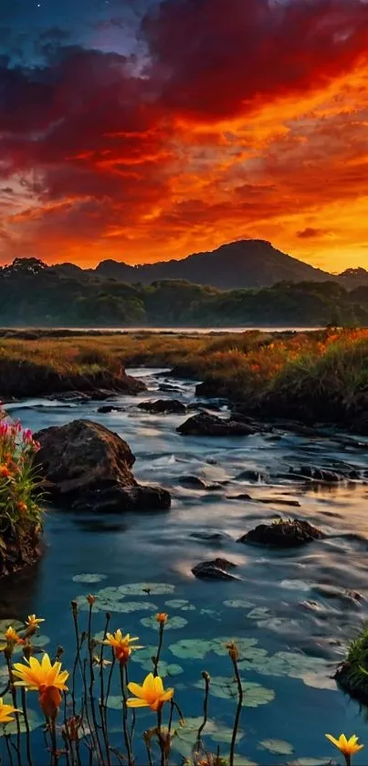 A breathtaking sunset over a serene river landscape with vivid colors and flowers.