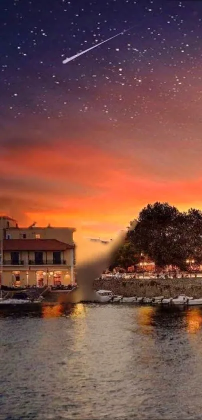 Stunning sunset over a tranquil harbor with a serene atmosphere.