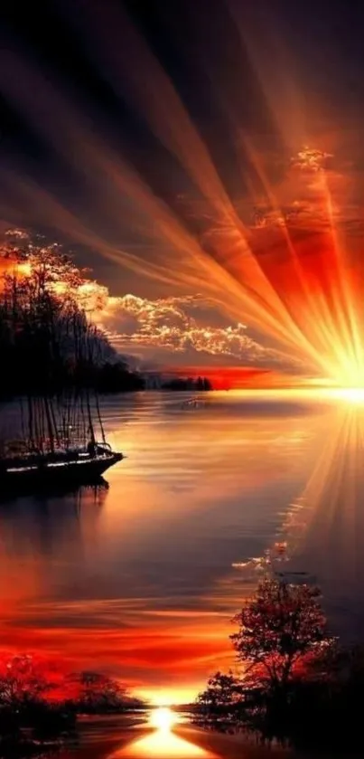 Breathtaking sunset over a tranquil lake with golden sunlight reflecting.