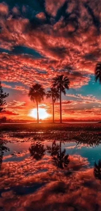 Stunning sunset with palm trees and reflections on water.