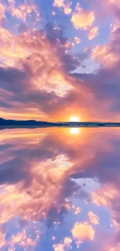 Vibrant sunset reflecting on calm water, with pink and purple hues.