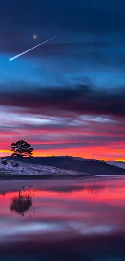 Scenic sunset reflecting in calm waters under a vivid blue and red sky.