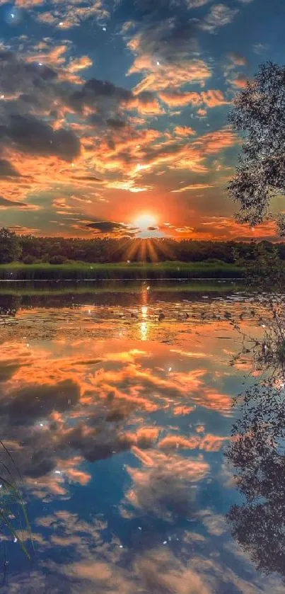 Beautiful sunset reflecting on a calm lake, surrounded by vibrant nature.