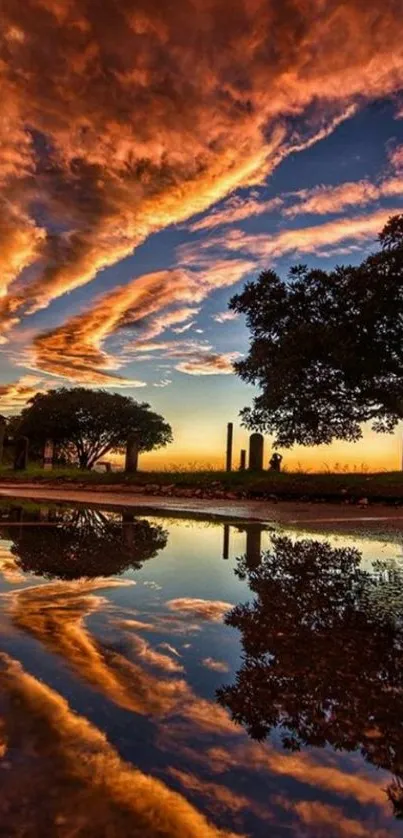 Vivid sunset with orange clouds and reflection on tranquil water.