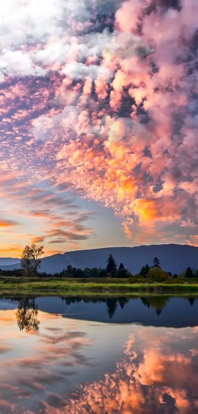 Gorgeous sunset reflecting on a tranquil lake with vibrant clouds overhead.