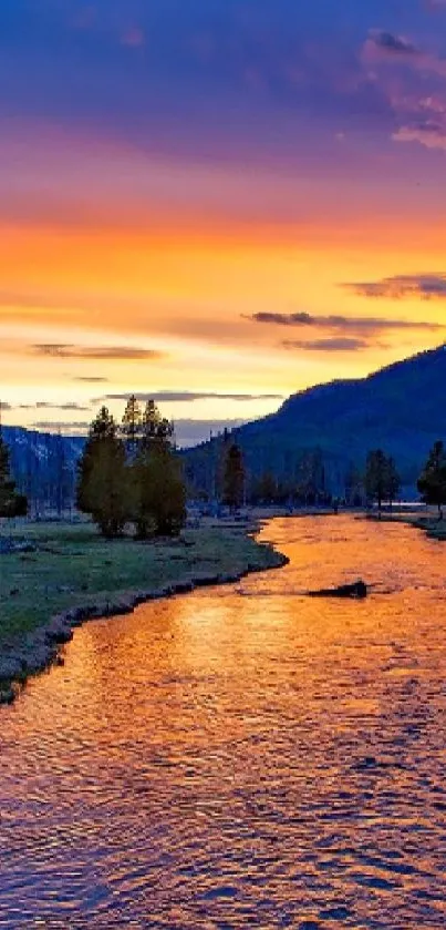 Mobile wallpaper of a stunning sunset over a peaceful river landscape.