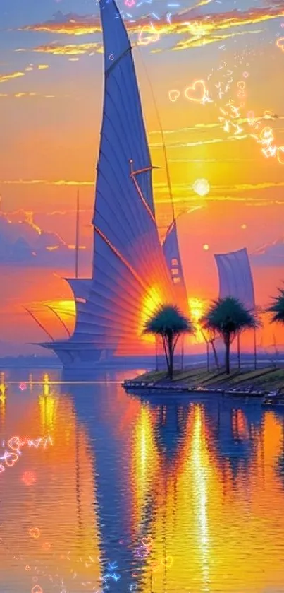 A breathtaking sunset with sailboats and palm trees reflecting on calm waters.