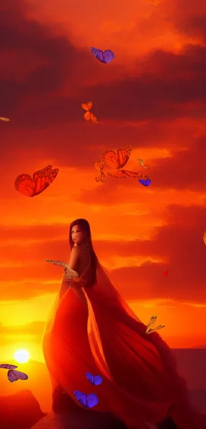 Silhouette of a woman against a vibrant orange sunset.