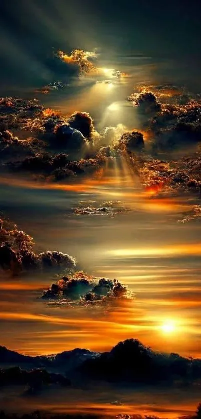 A dramatic sunset sky with vibrant sunrays through dark clouds.