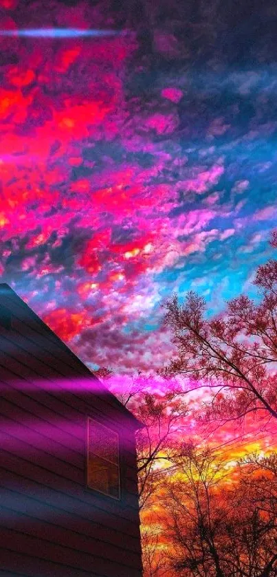 Vibrant sunset sky with house and trees as silhouettes.