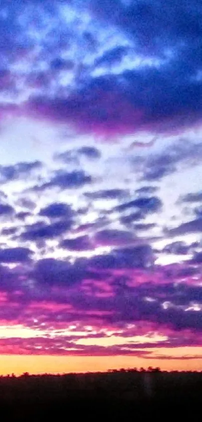 Vibrant sunset sky with purple clouds and blue hues captured in a mobile wallpaper.