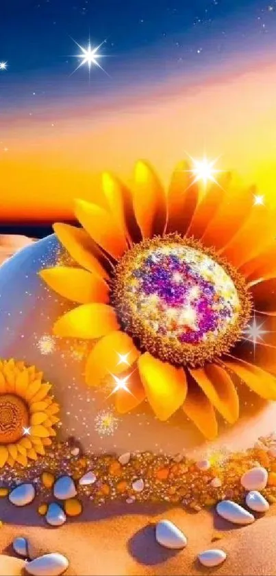 Vibrant sunflower with sunset in an abstract desert scene.