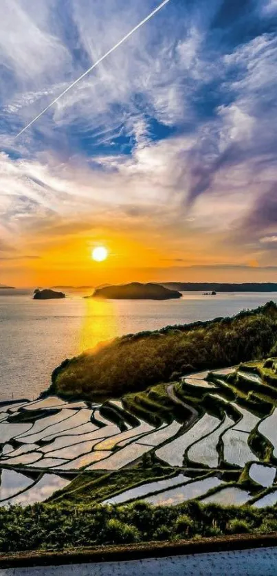 Terraced fields and sunset over ocean landscape wallpaper.