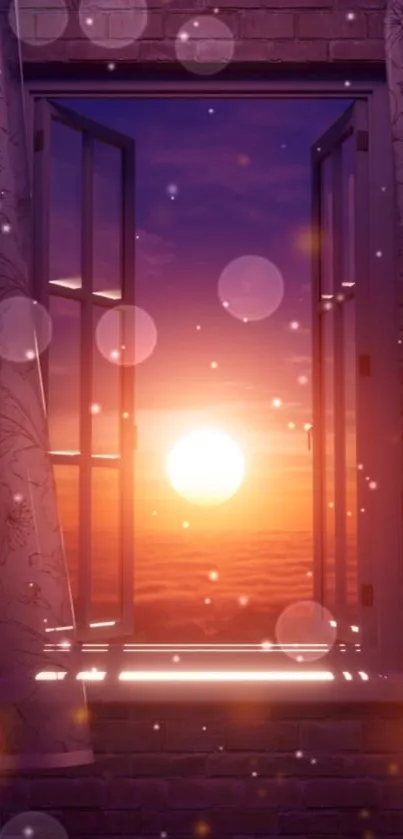 Mobile wallpaper with sunset through an open window, purple sky, and glowing lights.