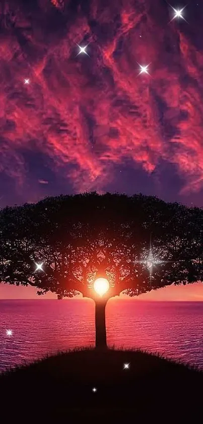 Stunning wallpaper of a tree at sunset with vibrant purple and red sky.