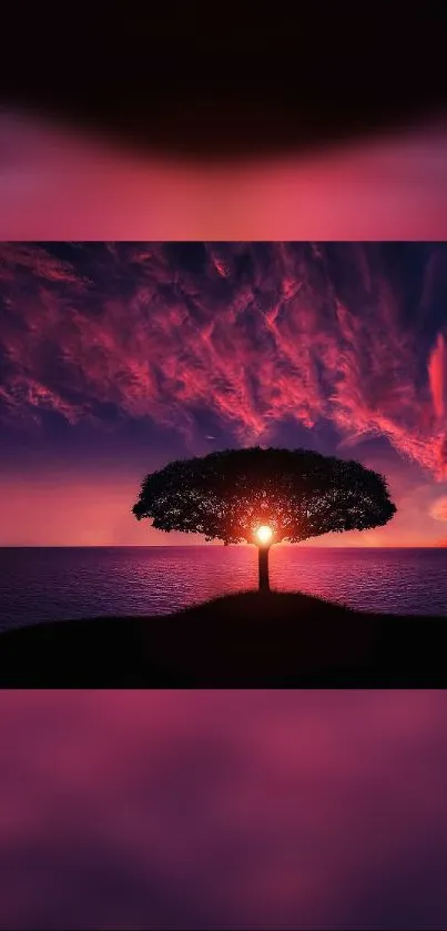 Stunning sunset over ocean with tree silhouette and purple sky.