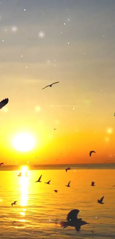 Radiant sunset with birds over calm sea.